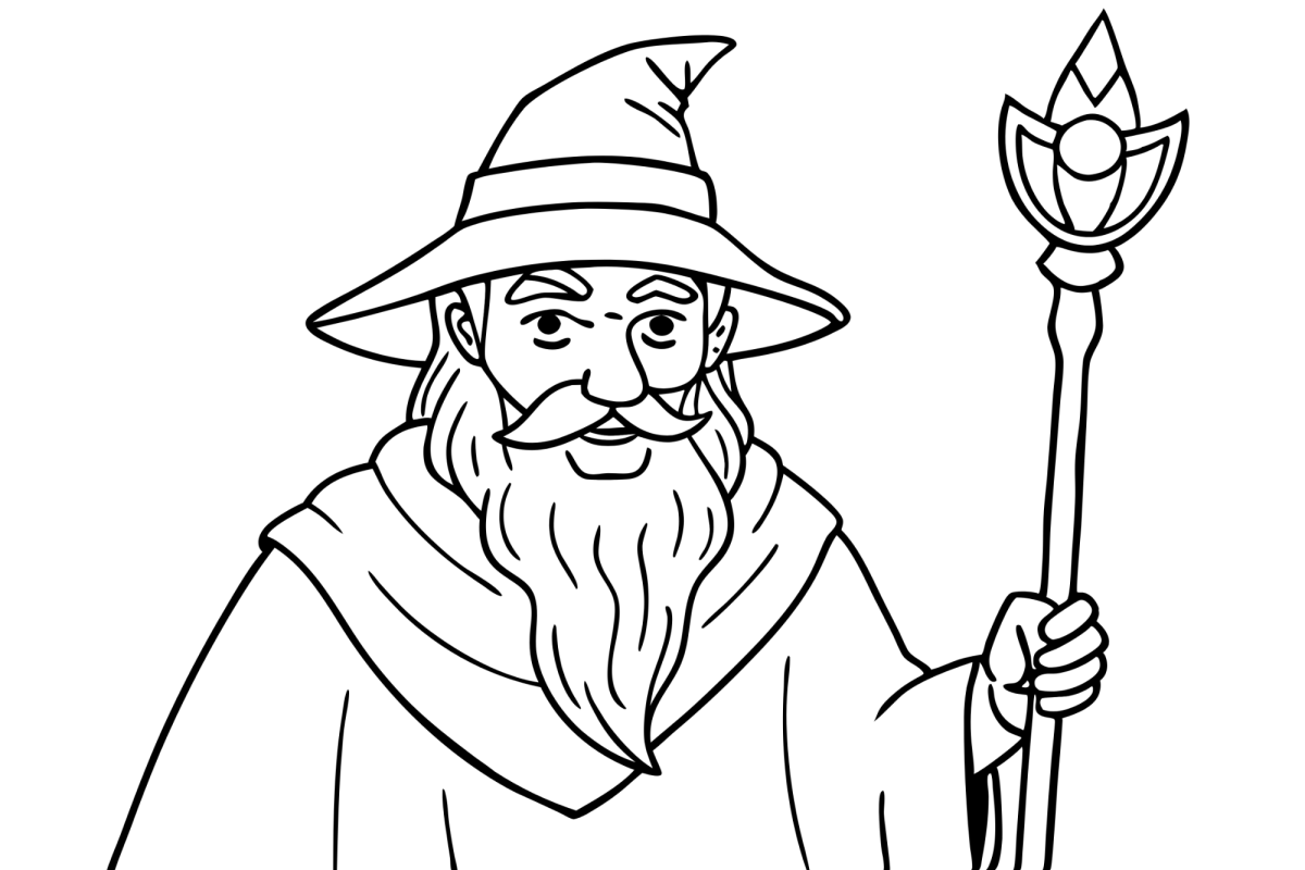 Mago sério com cajado de cristal para colorir
