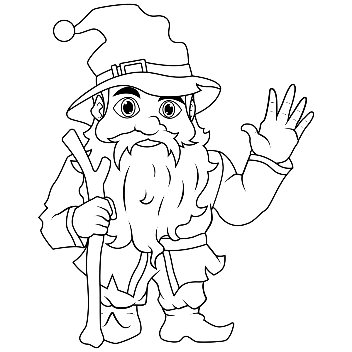 Mago velhinho acenando com o cajado para colorir