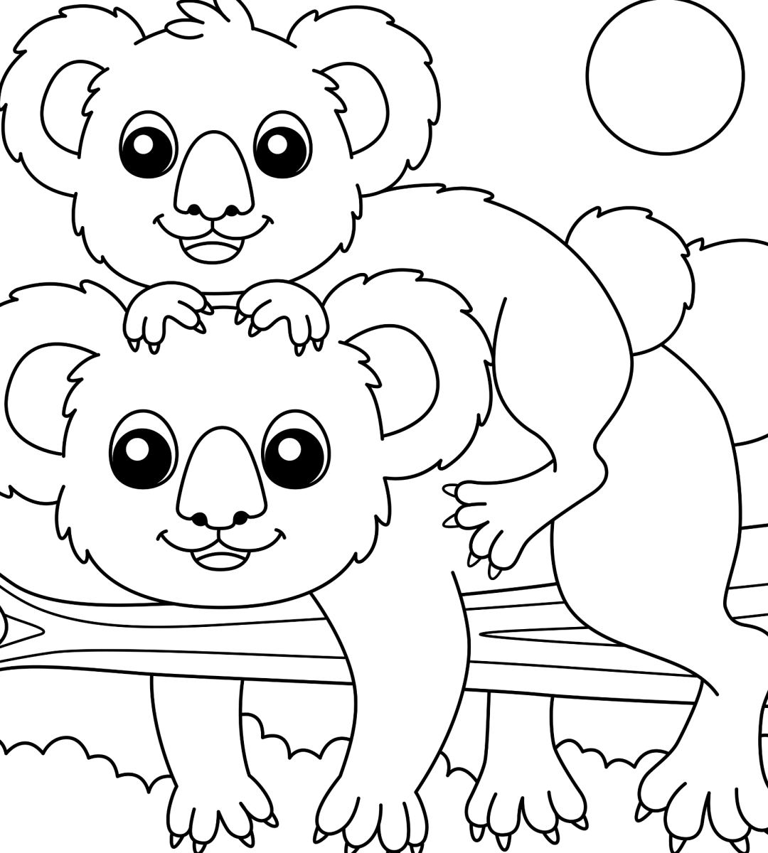 Mamãe coala e filhote no tronco para colorir