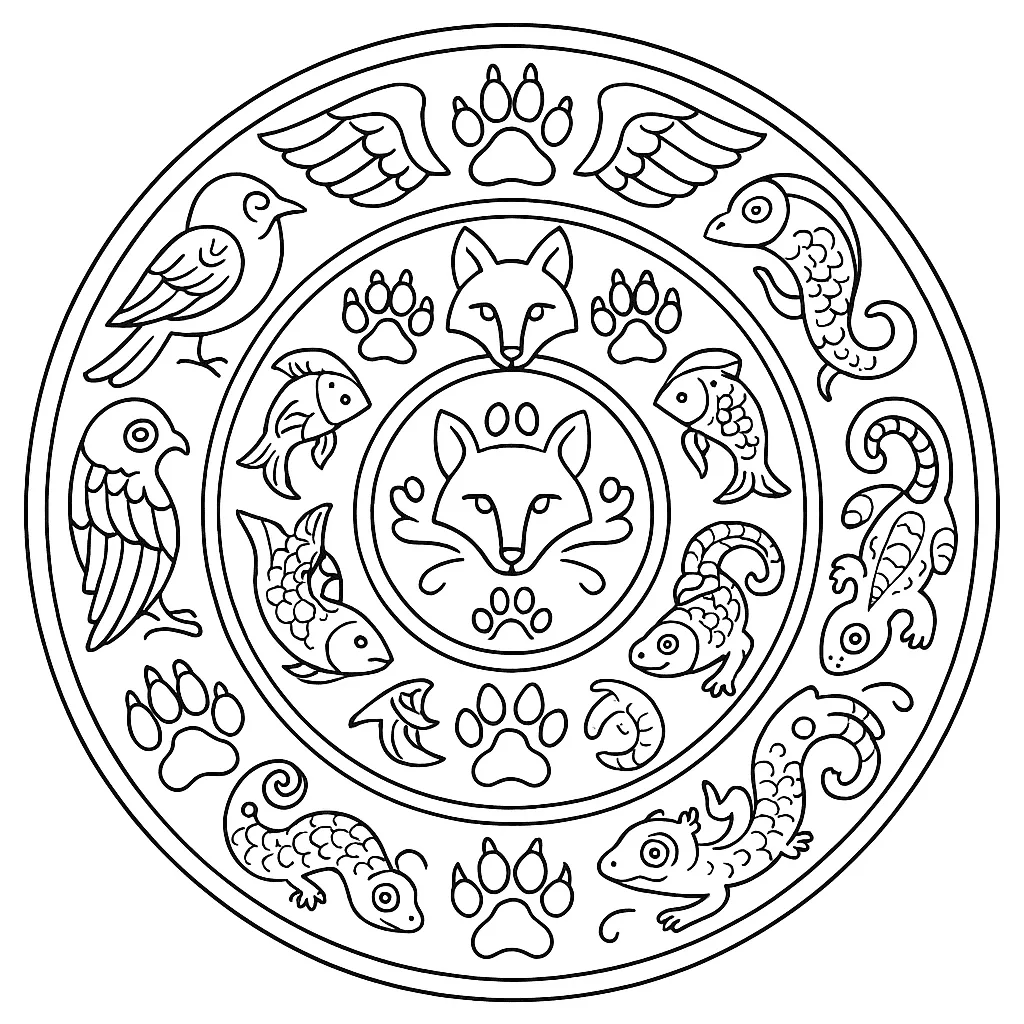 Mandala com raposas e folhas para colorir
