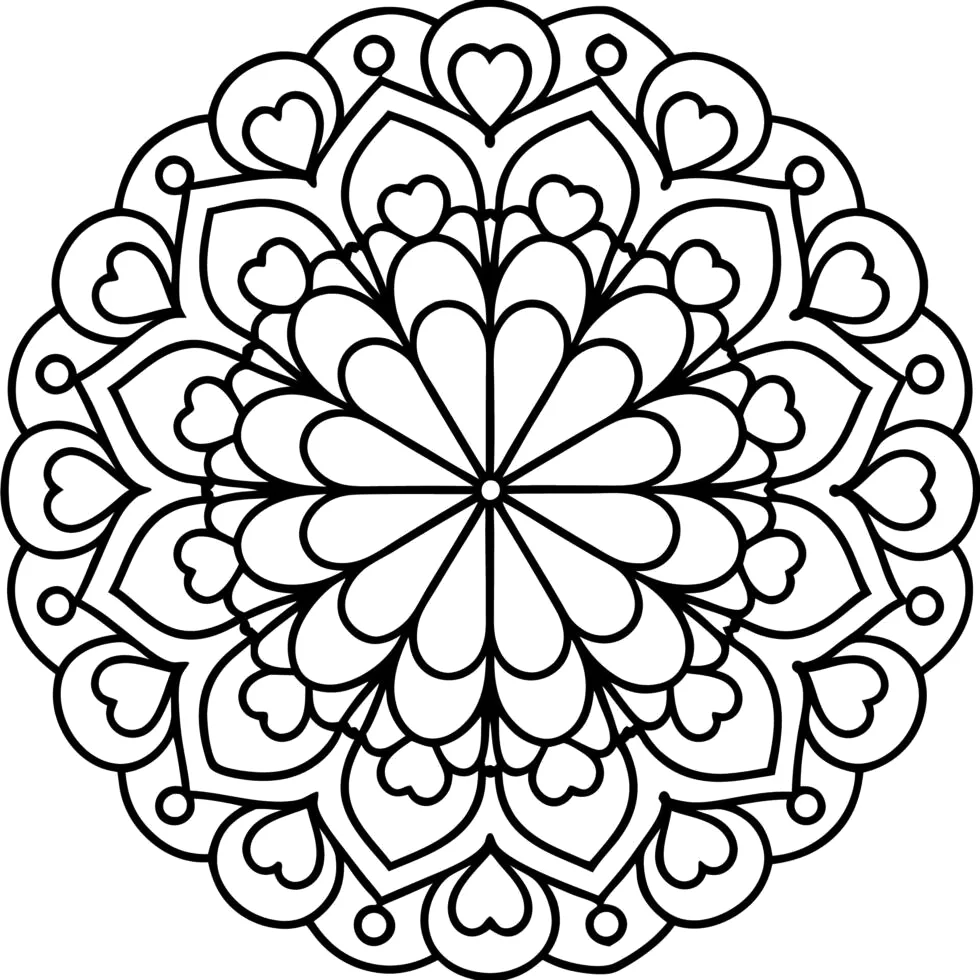 Mandala de corações em camadas para colorir