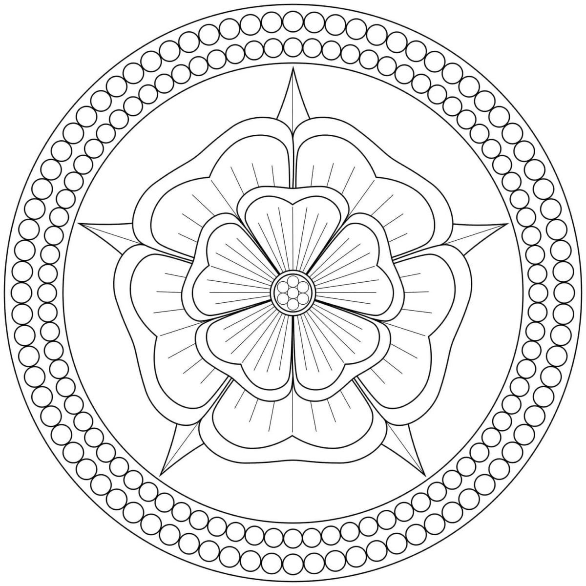 Mandala de rosa em moldura circular para colorir