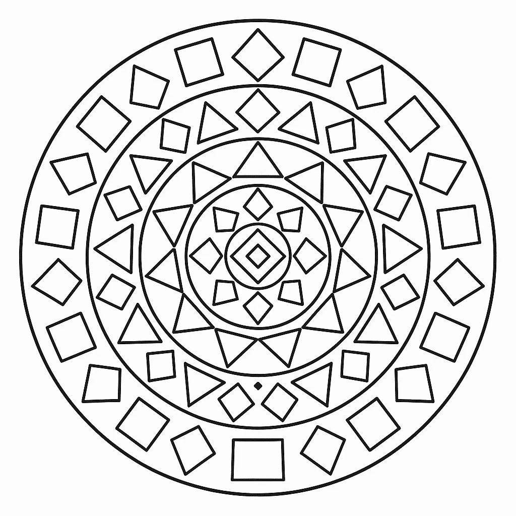 Mandala geométrica com triângulos e círculos para colorir