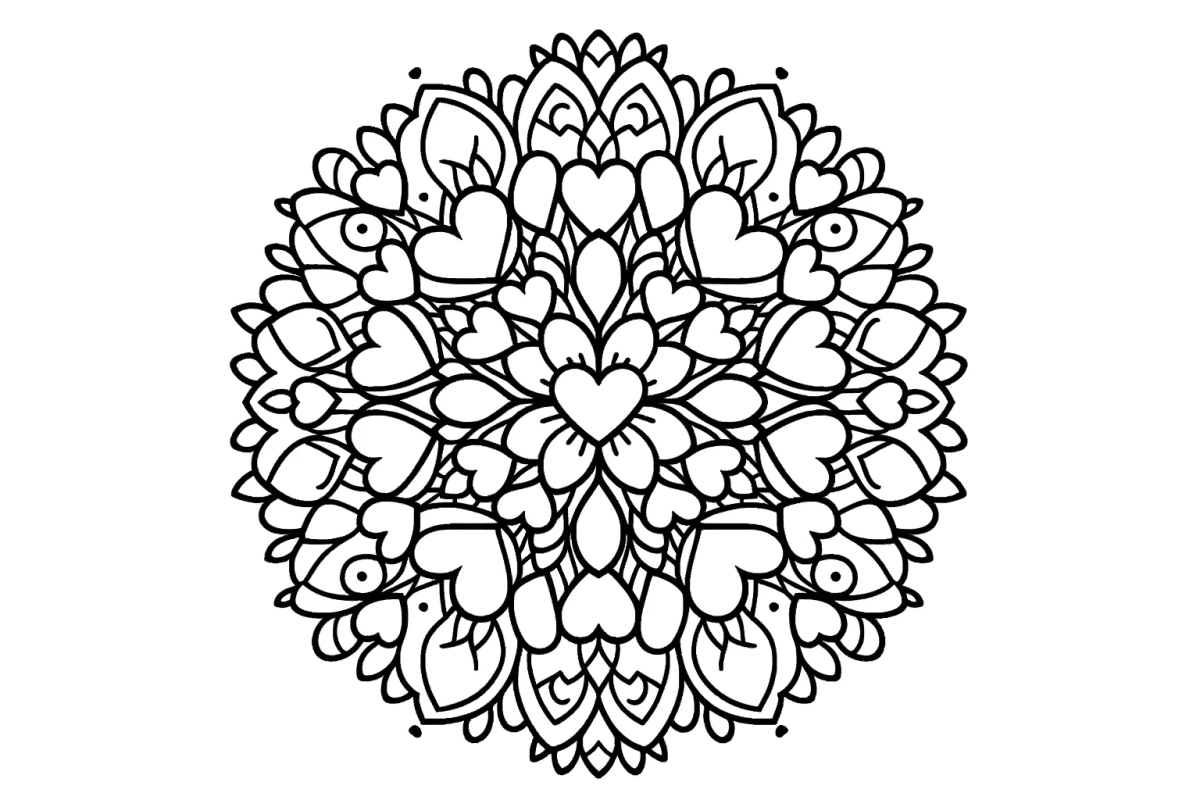 Mandala redonda com tulipas e corações para colorir