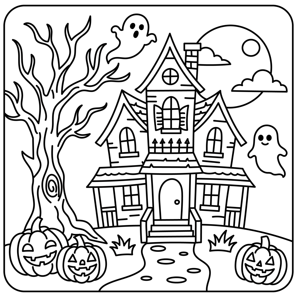 Mansão assombrada com fantasmas e abóboras para colorir