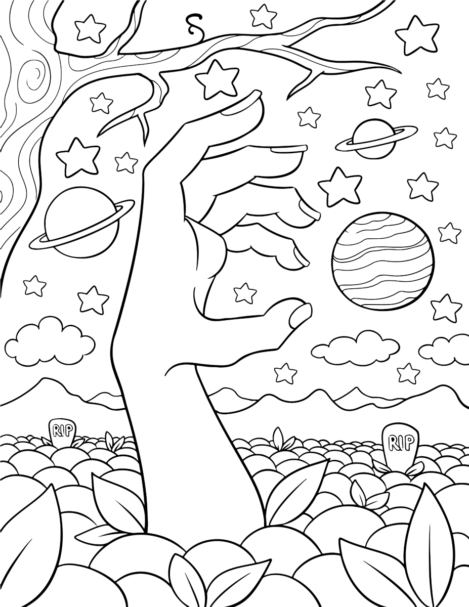 Mão de zumbi entre planetas e estrelas para colorir
