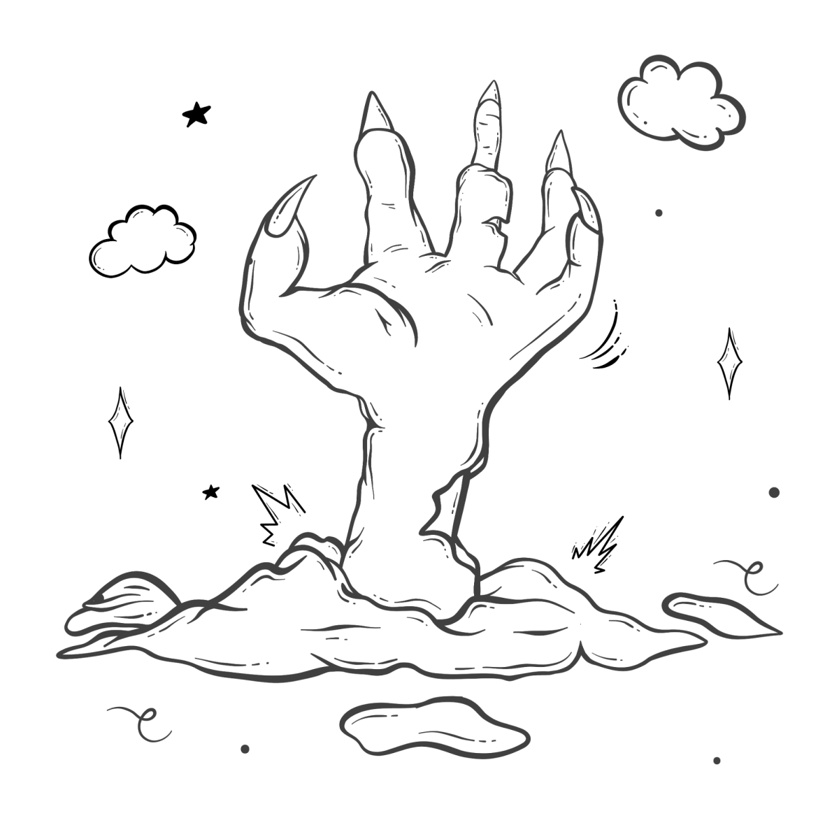 Mão de zumbi saindo do chão com nuvens para colorir