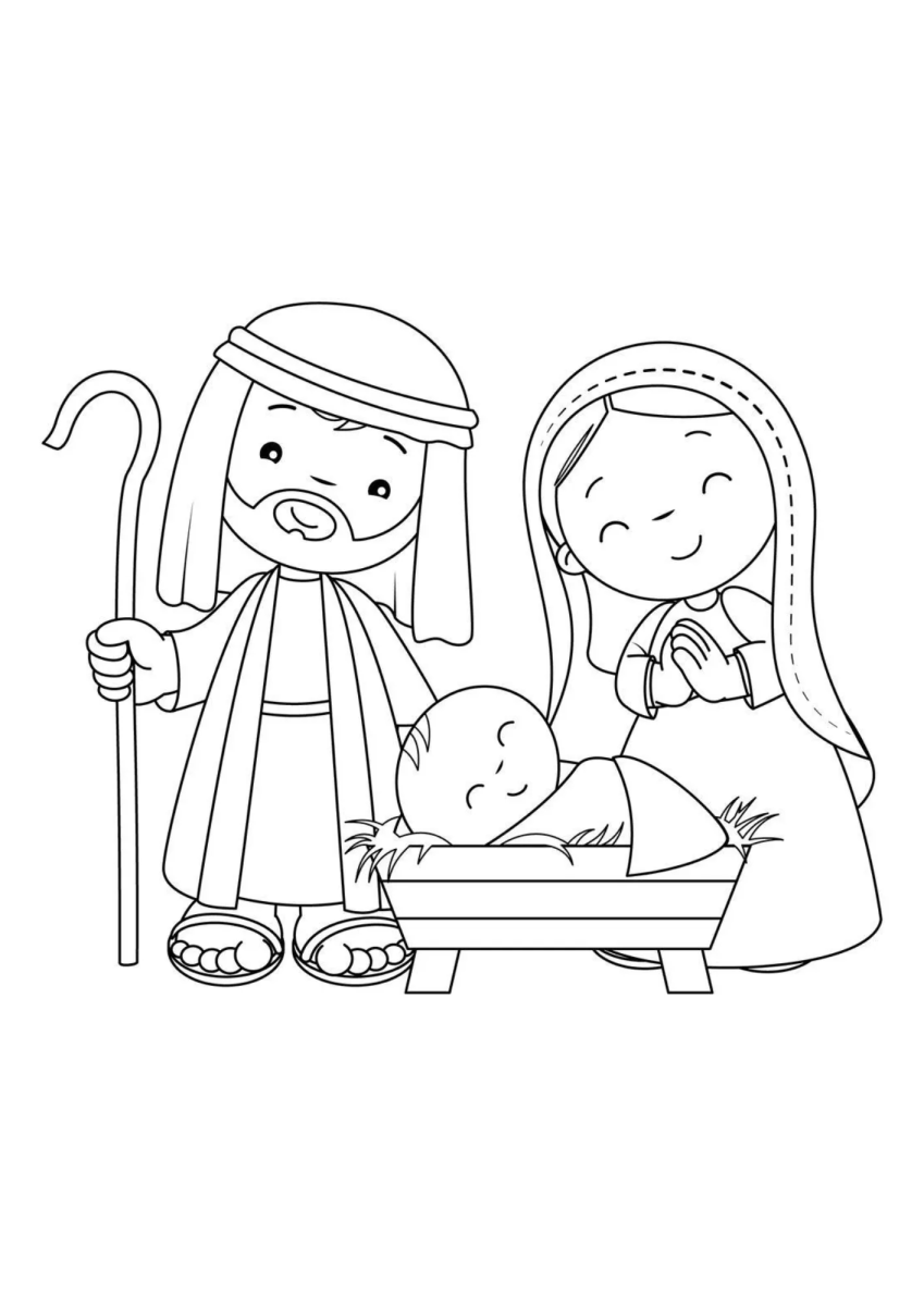 Maria e José cuidando do bebê na manjedoura para colorir