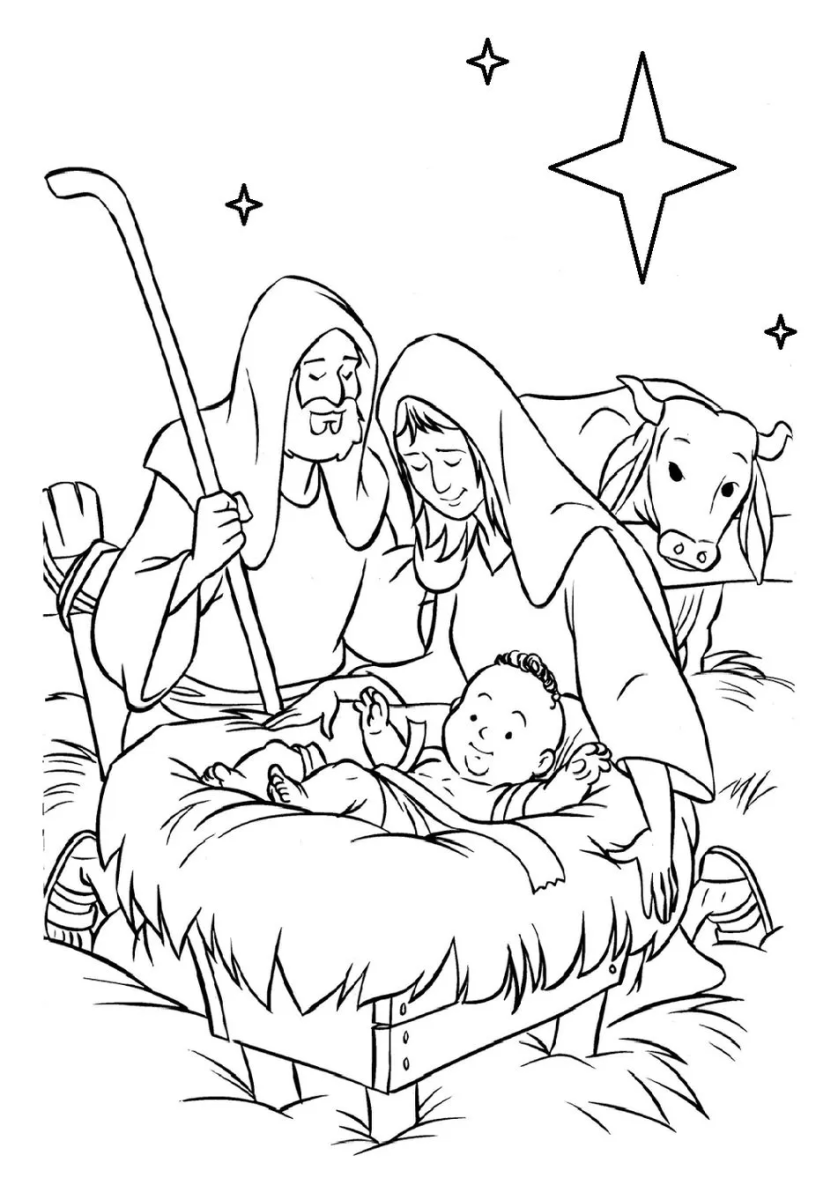 Maria e José velando o Menino Jesus com a vaca para colorir