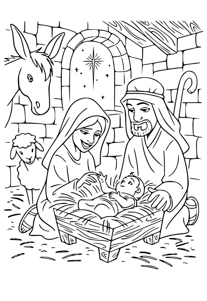 Maria, José e o burrinho na janela do estábulo para colorir