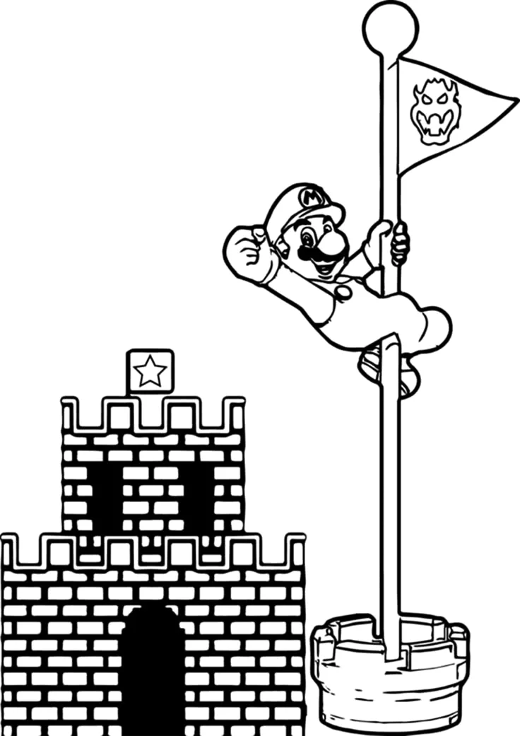 Mario alcançando a bandeira do castelo para colorir