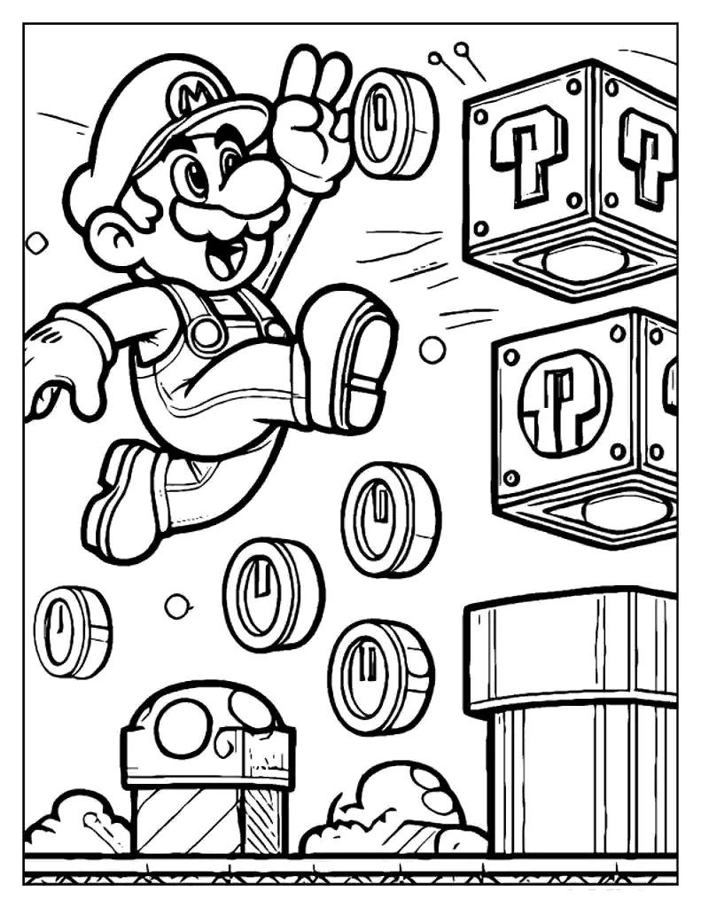 Mario batendo nos blocos de interrogação para colorir
