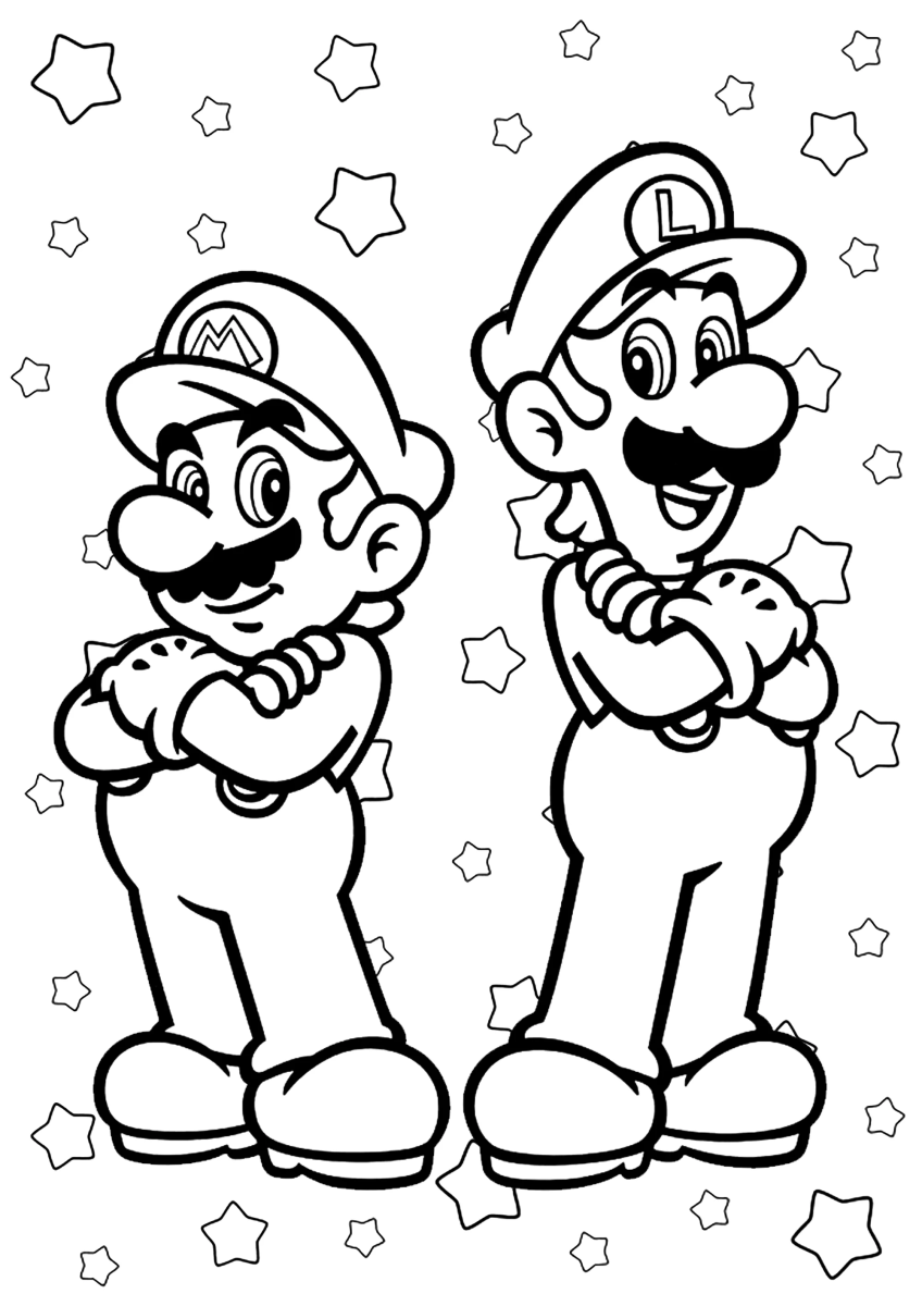 Mario e Luigi lado a lado para colorir
