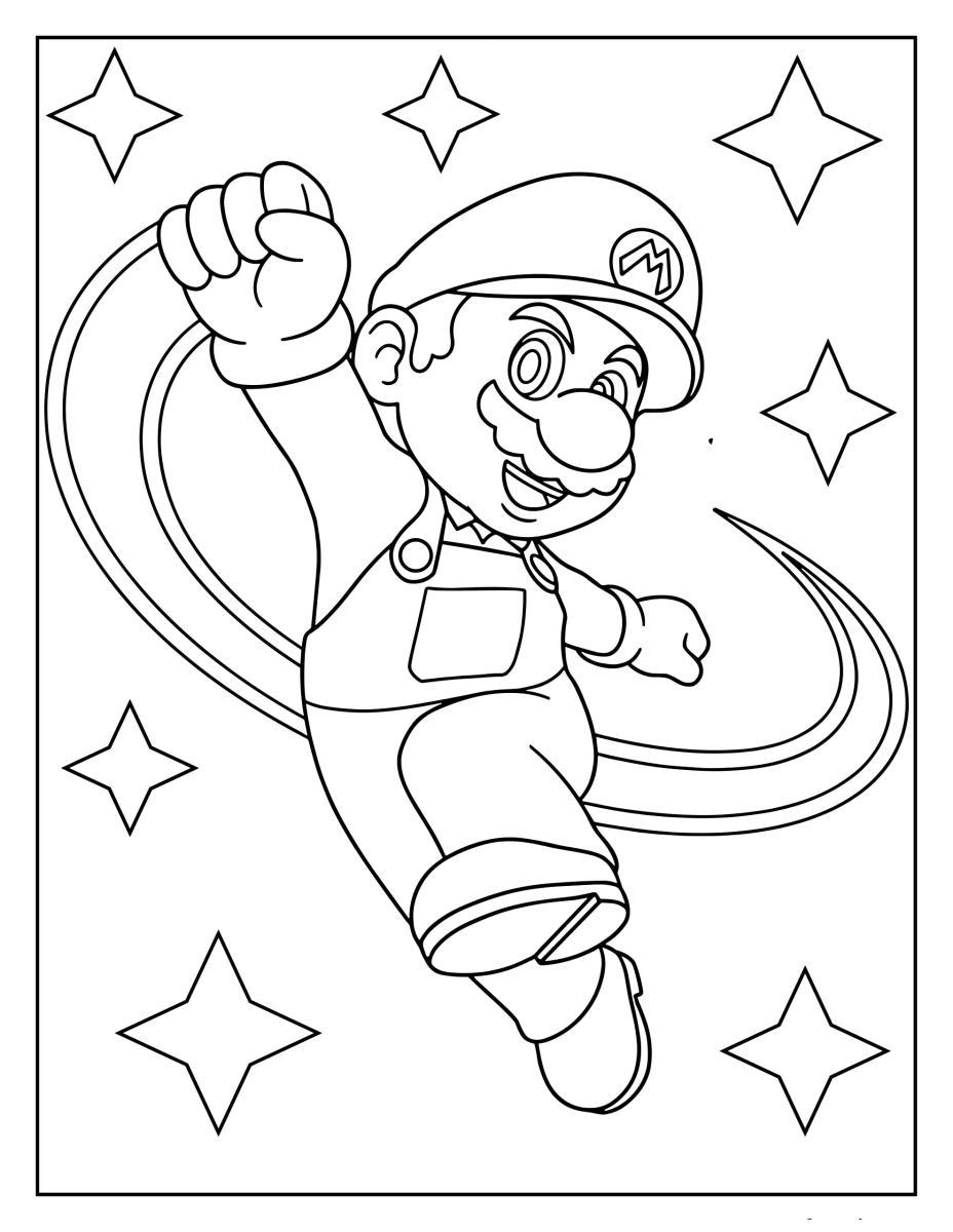 Mario girando entre estrelas para colorir