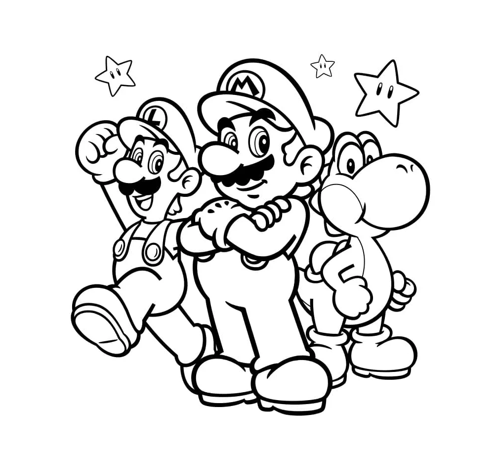 Mario, Luigi e Yoshi juntos para colorir