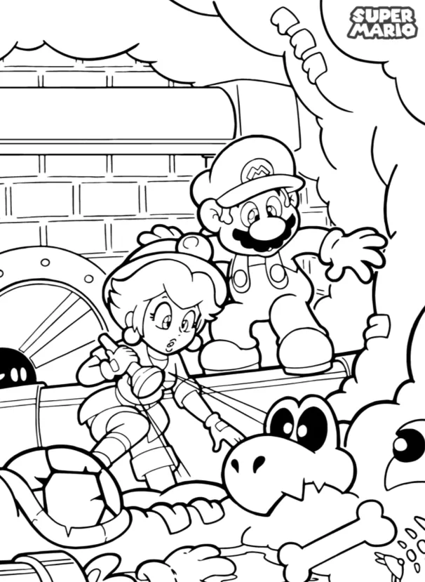 Mario, Peach e Yoshi no jardim para colorir