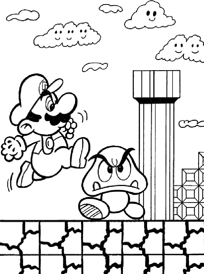 Mario pulando sobre o Goomba para colorir