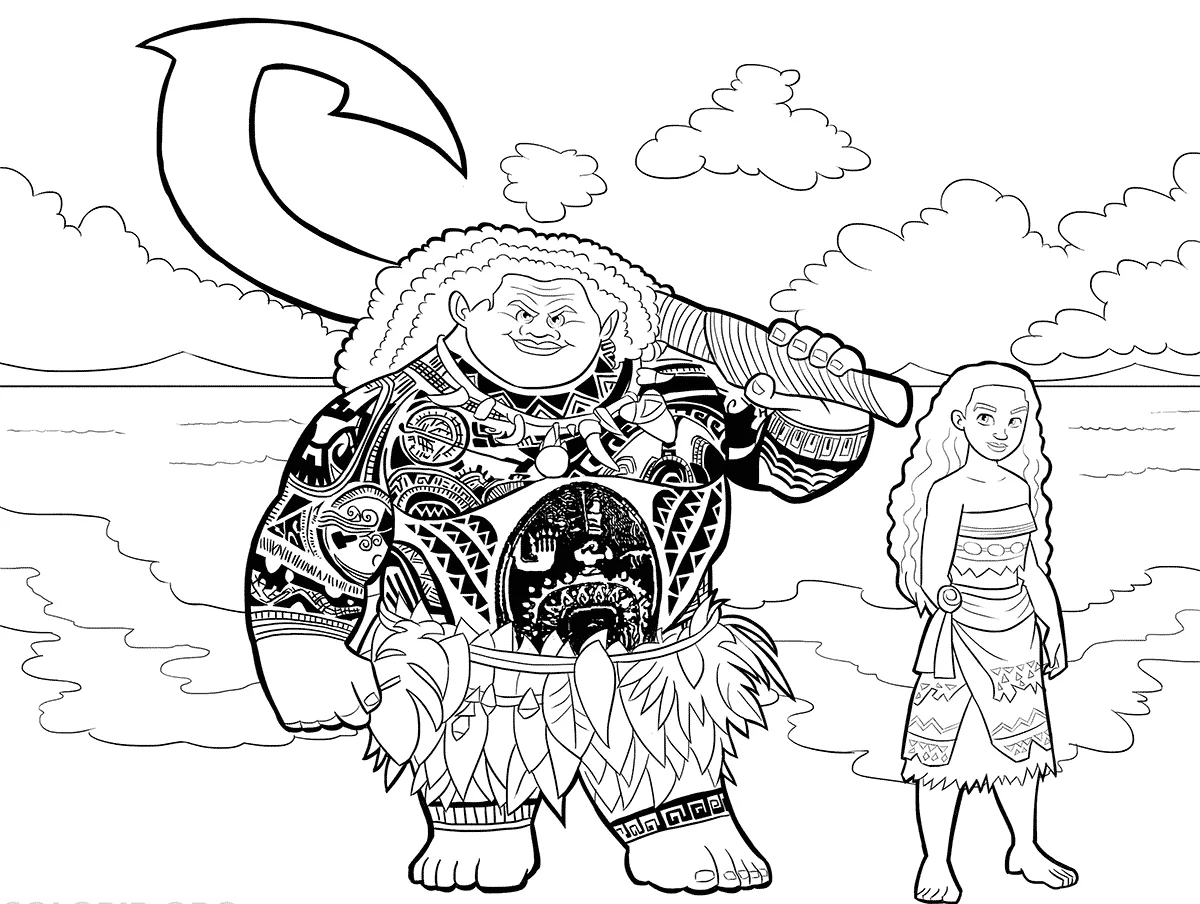 Maui e Moana em Motunui para colorir