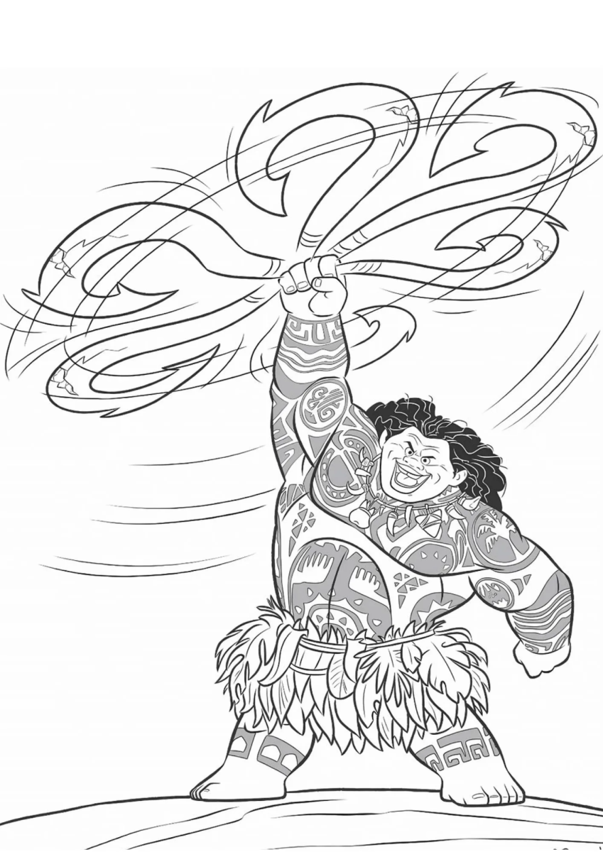 Maui segurando o anzol mágico para colorir