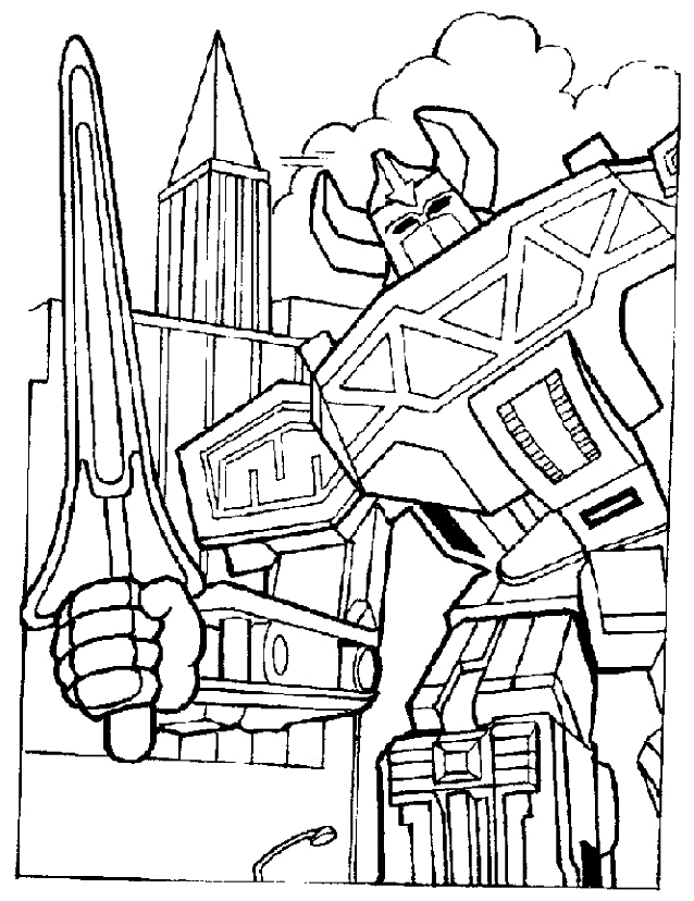 Megazord gigante protegendo a cidade para colorir
