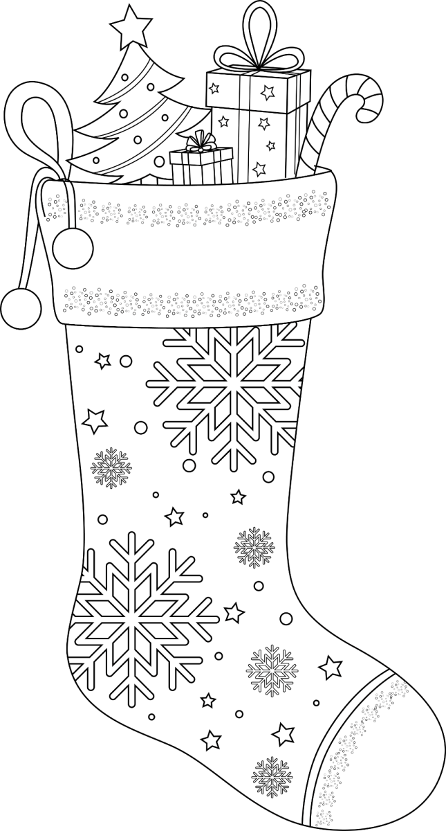 Meia de Natal com flocos de neve e presentes para colorir