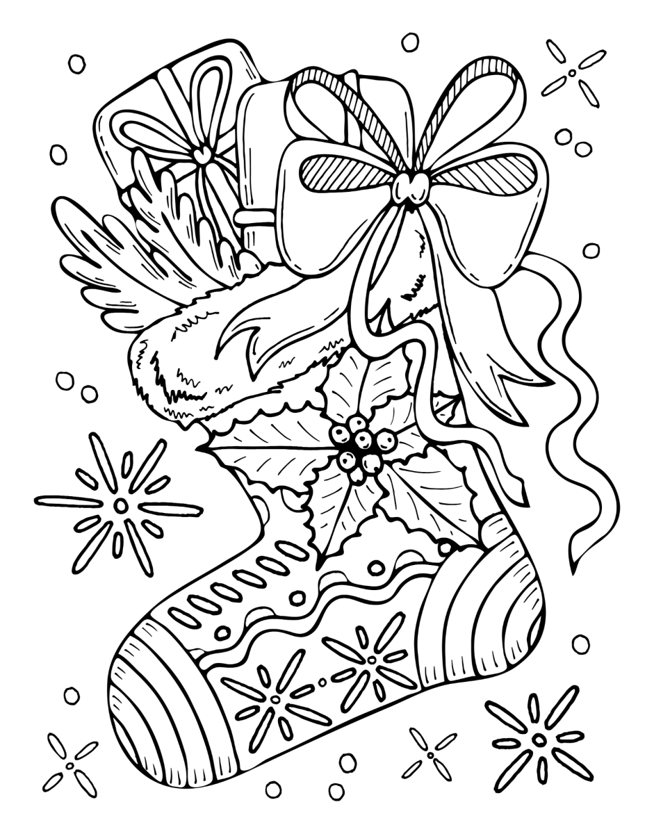 Meia de Natal com laço, pinhas e bengalinha para colorir