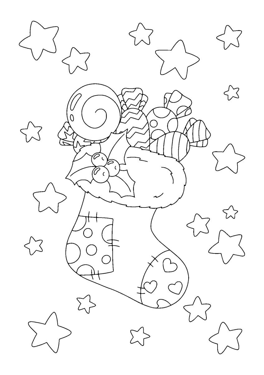 Meia de Natal entre estrelas com doces para colorir