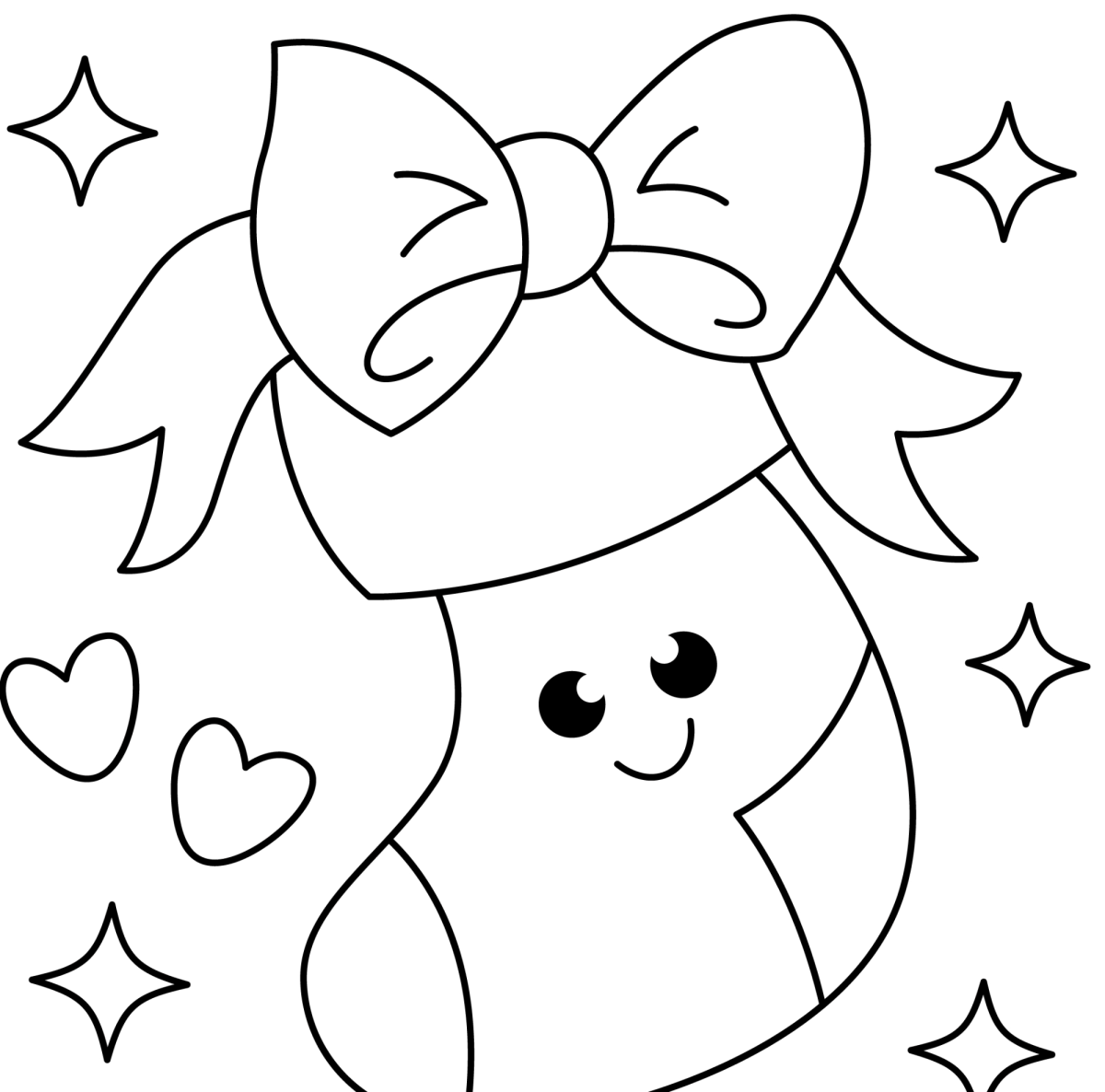 Meia de Natal kawaii com laço e corações para colorir