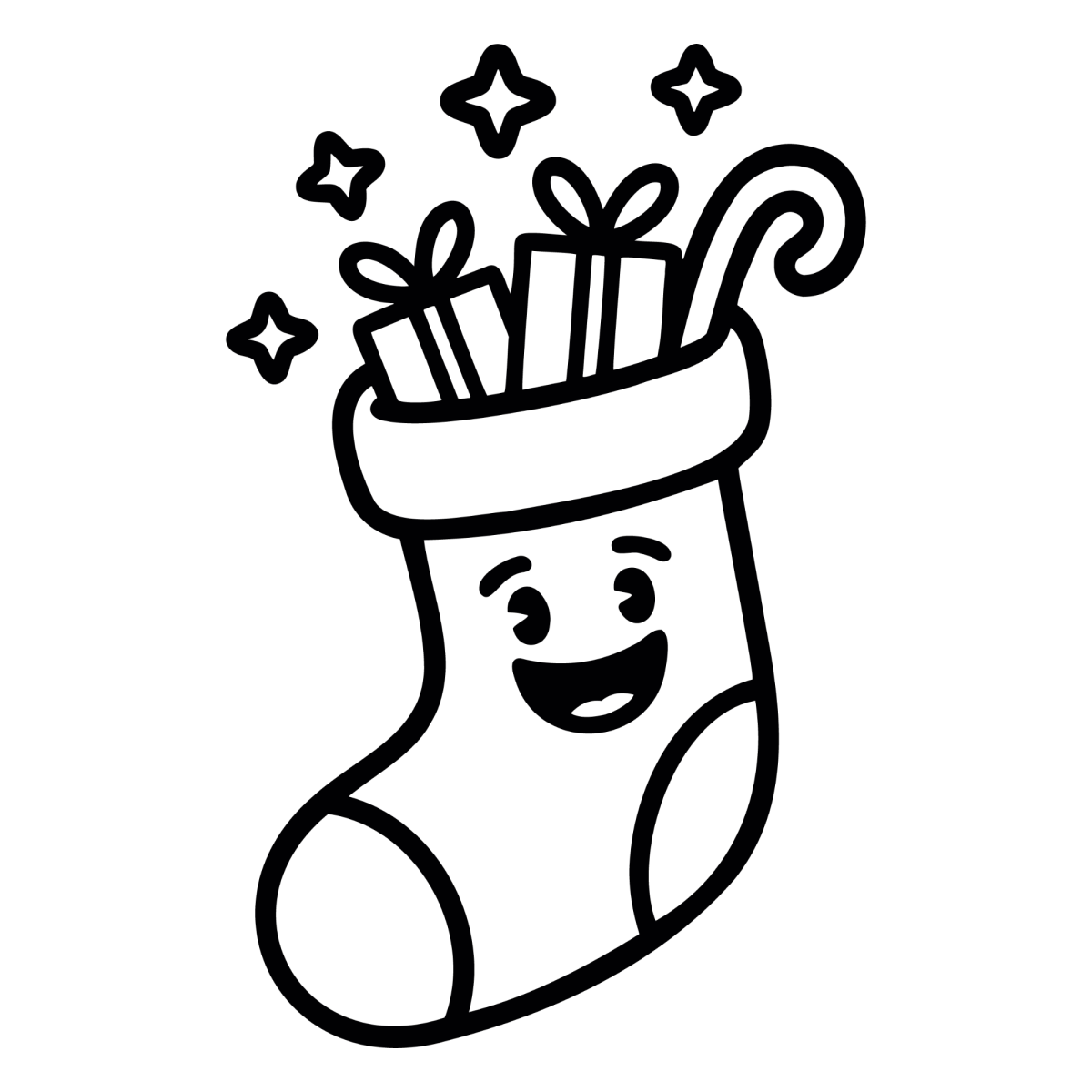 Meia de Natal kawaii feliz com presentes e estrelinhas para colorir