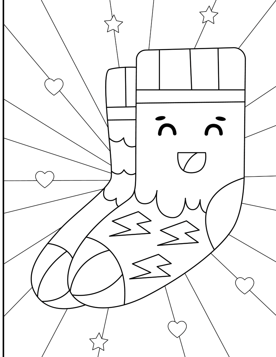 Meia de Natal kawaii sorrindo com raios de luz para colorir