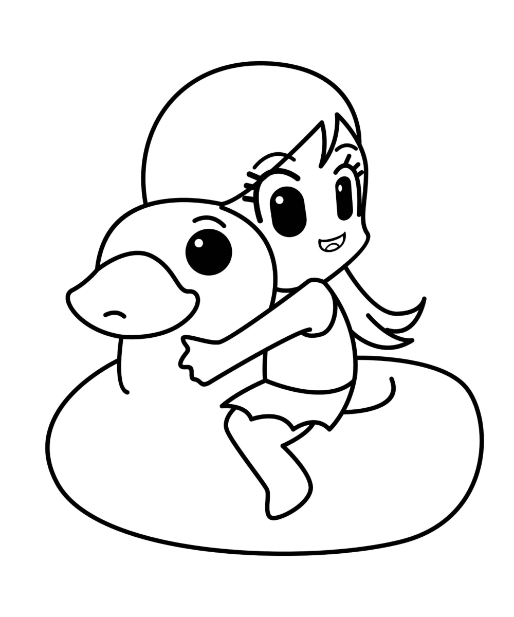 Menina abraçada à boia de pato para colorir