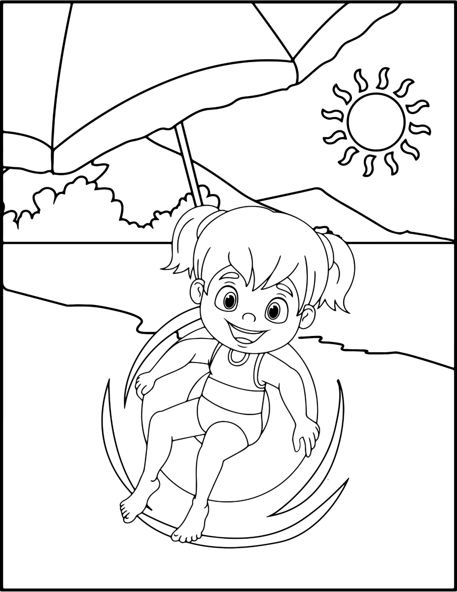 Menina boiando no mar para colorir