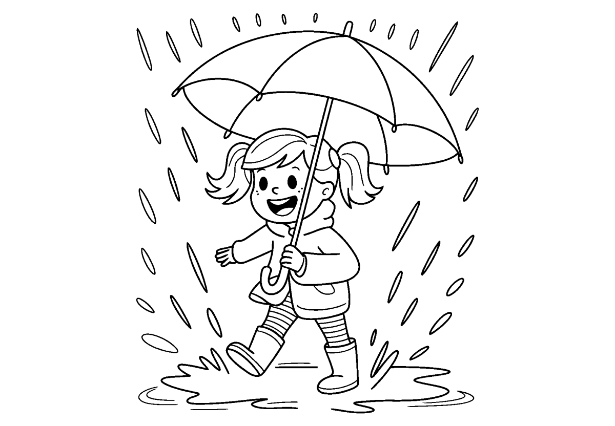 Menina caminhando na chuva de guarda-chuva para colorir