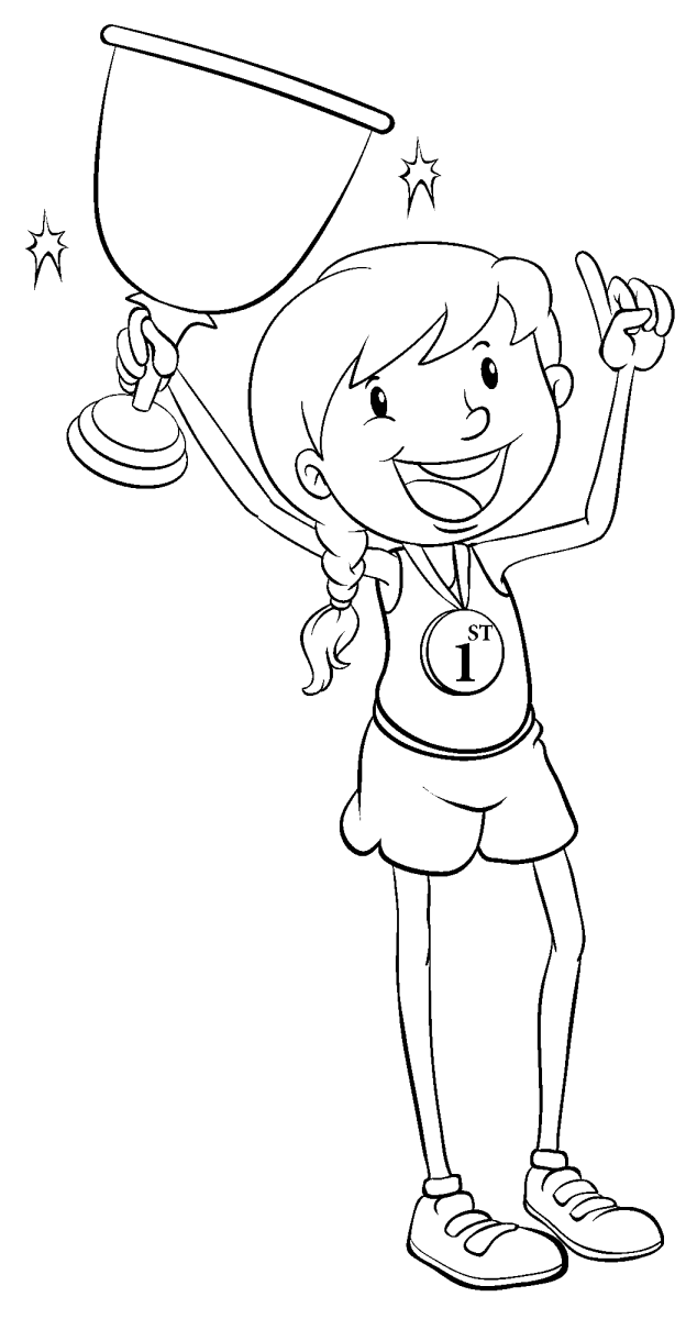 Menina comemorando com troféu para colorir