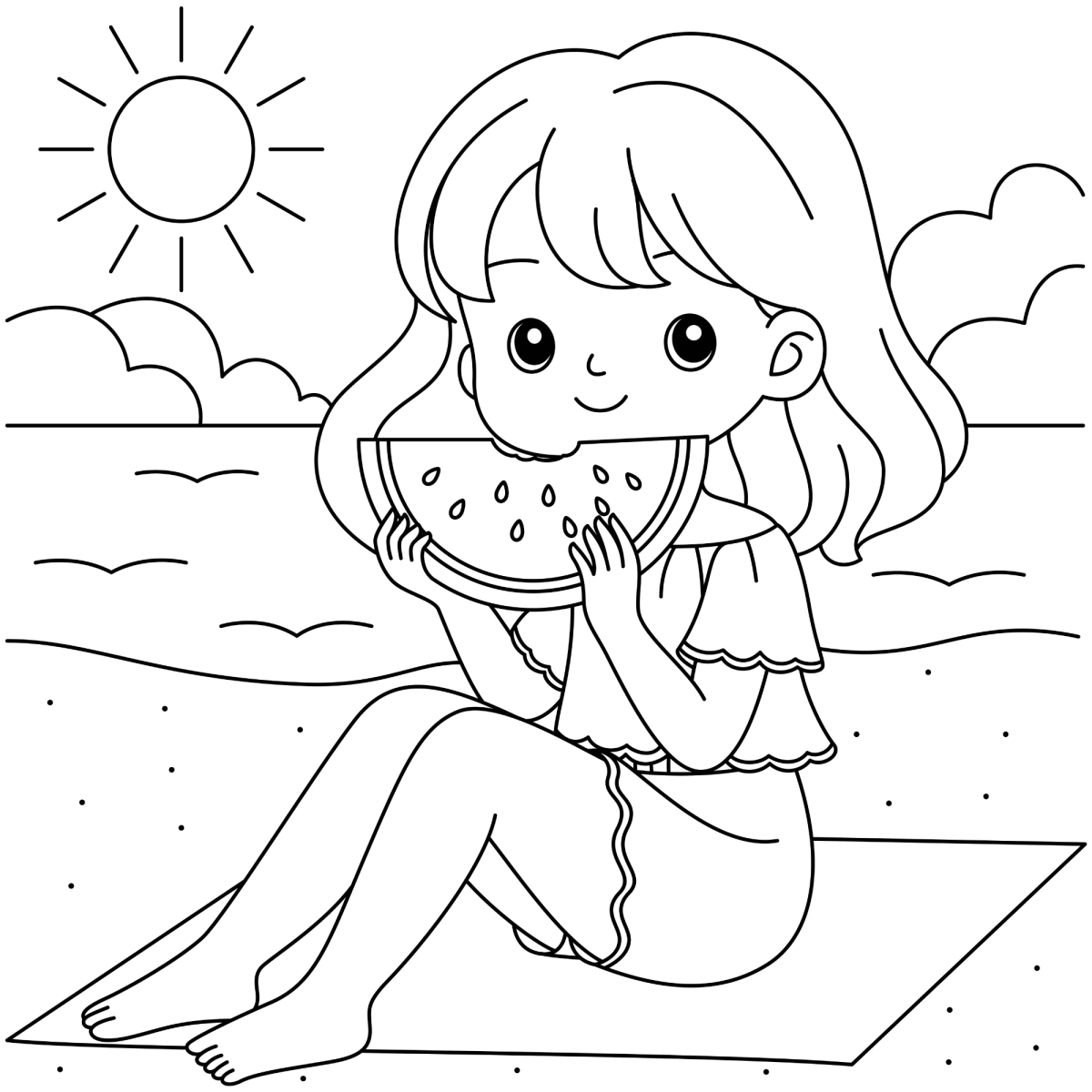Menina comendo melancia na praia para colorir