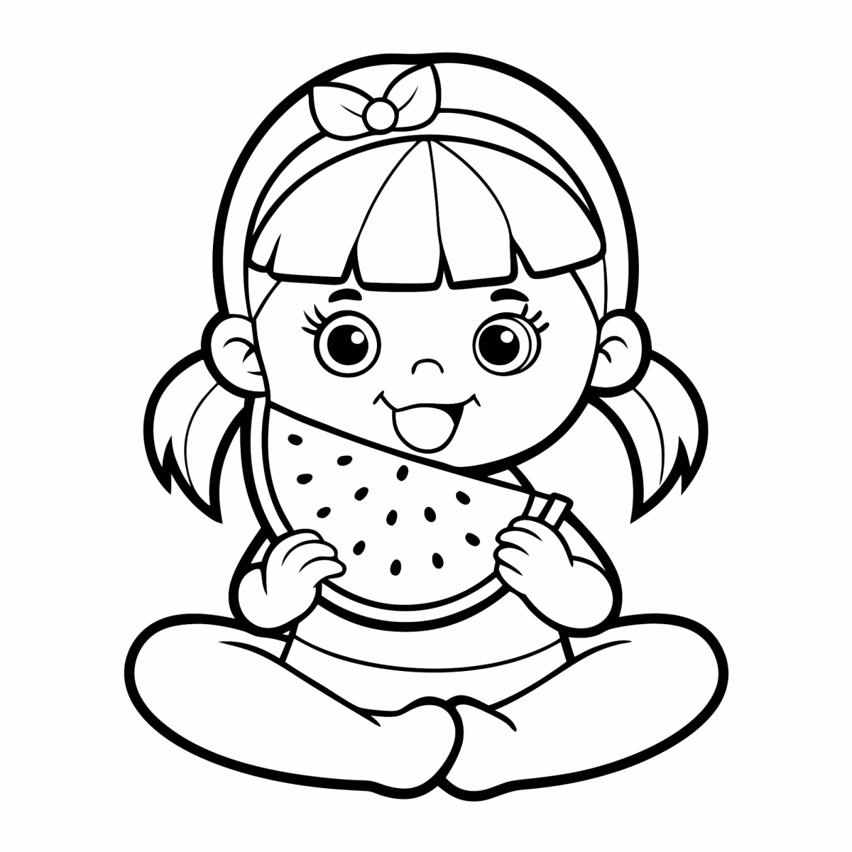 Menina comendo melancia sentada para colorir