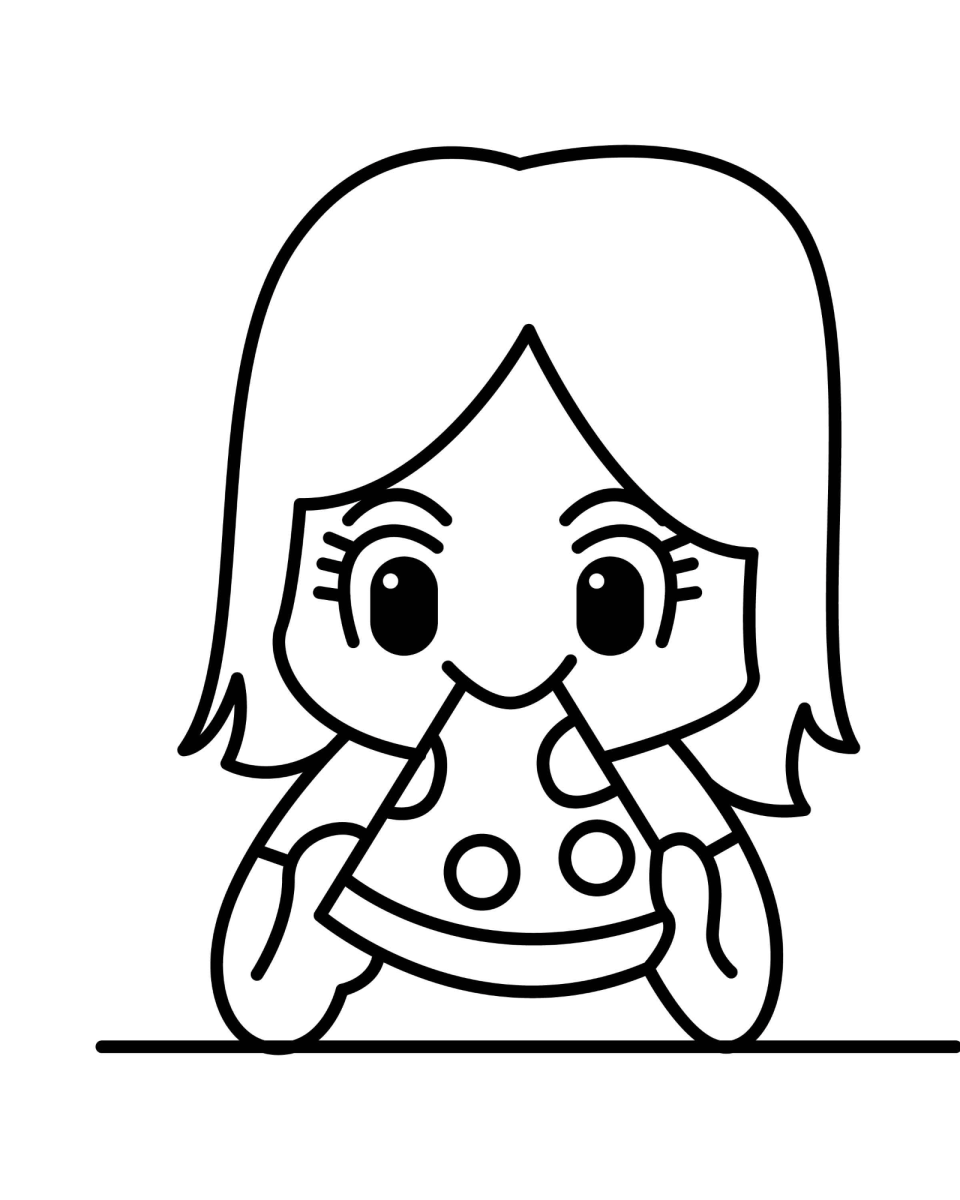 Menina comendo uma fatia de pizza para colorir