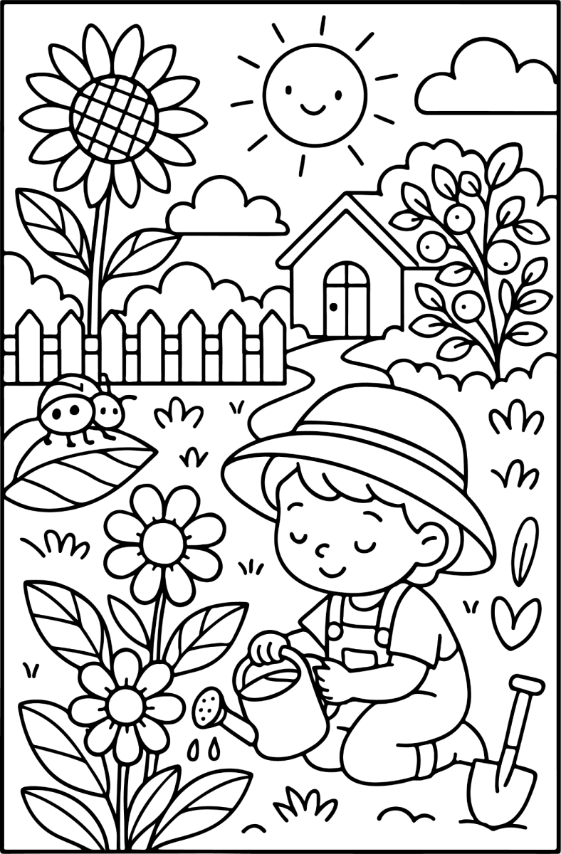 Menina cuidando do jardim de girassóis para colorir