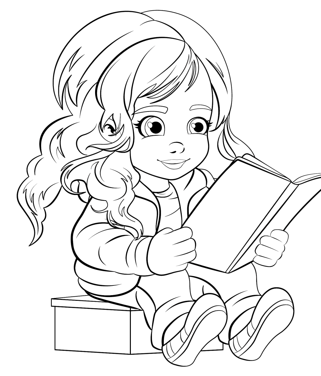 Menina de cabelo comprido lendo sentada para colorir