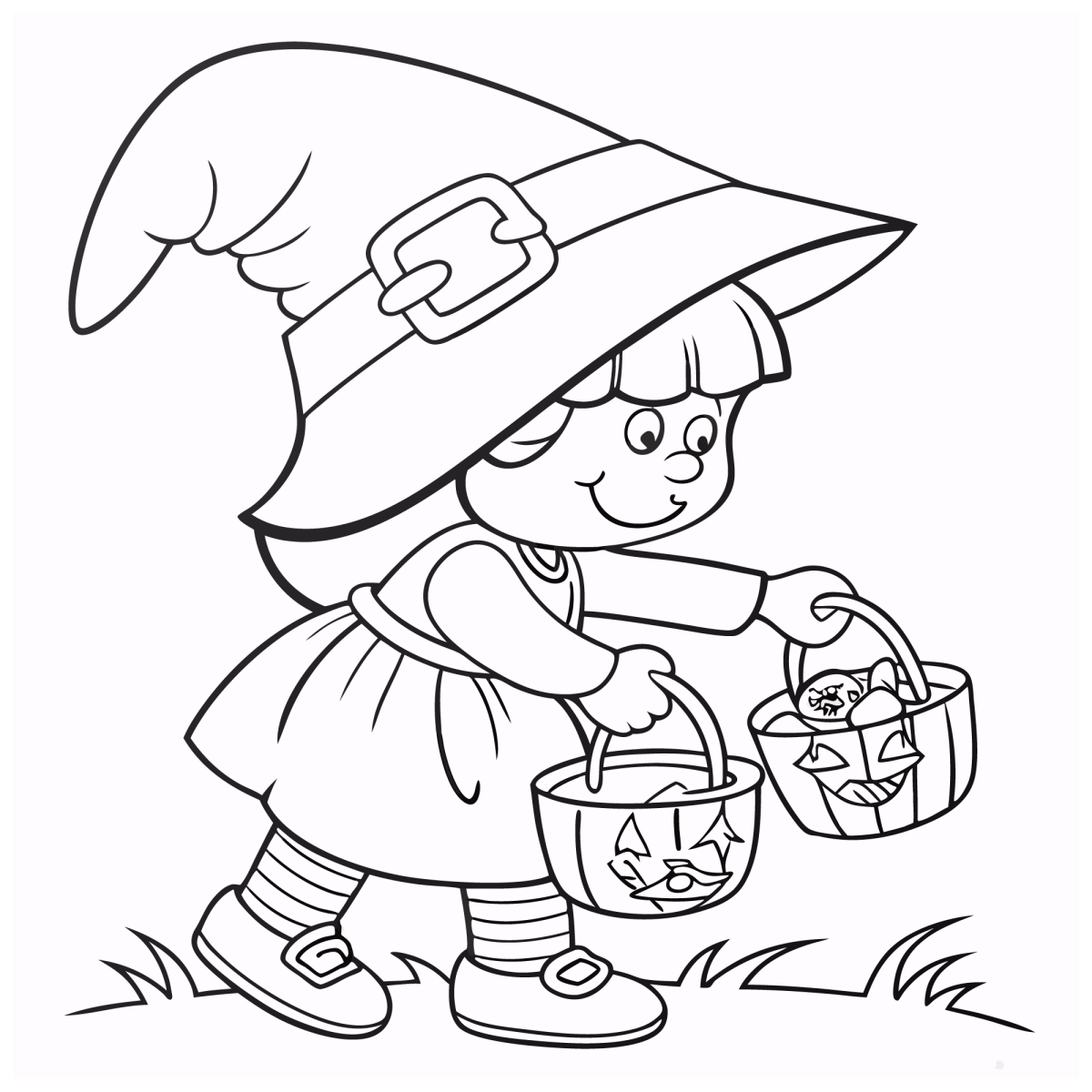 Menina de chapéu de bruxa com o baldinho de doces para colorir