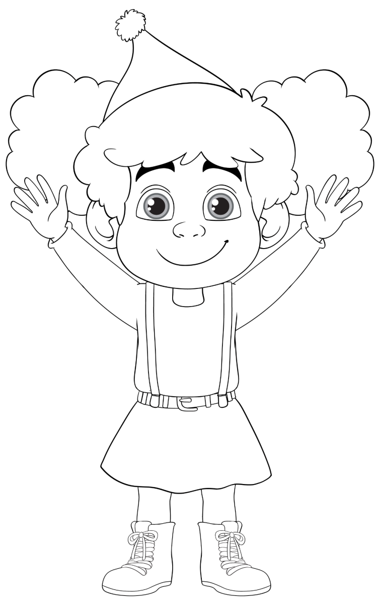 Menina de chapéu de festa com os braços para cima para colorir