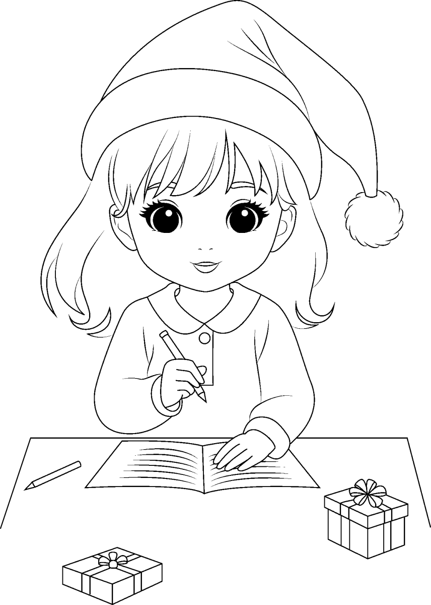 Menina de gorro escrevendo sua carta ao Papai Noel para colorir