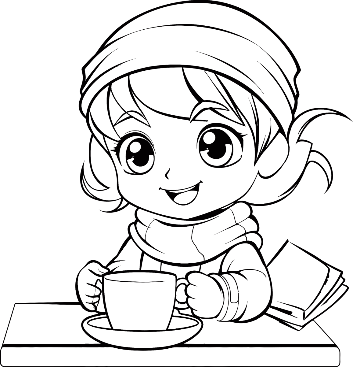 Menina de gorro tomando chocolate quente para colorir