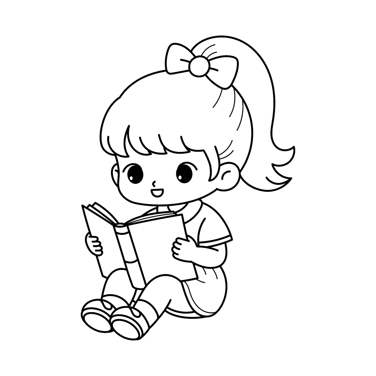 Menina de laço lendo um livro para colorir