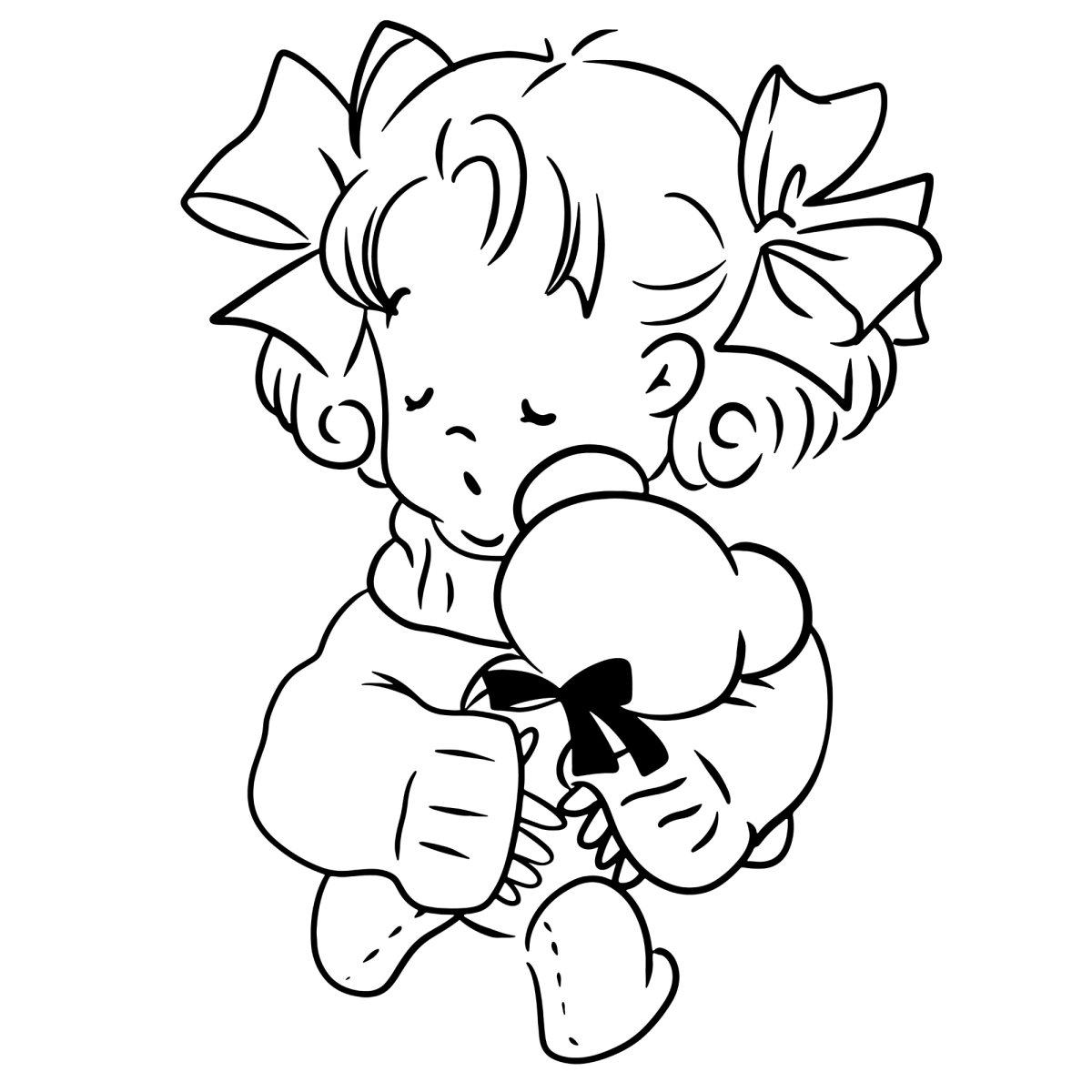 Menina de laços abraçando o ursinho para colorir
