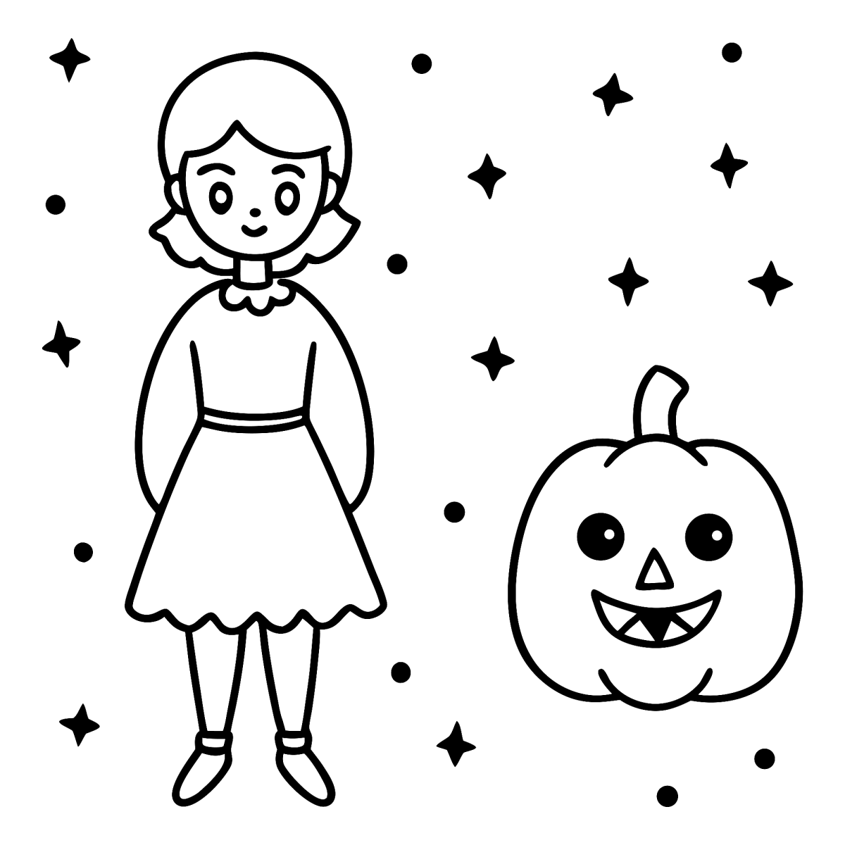 Menina de vestido e abóbora no Halloween para colorir