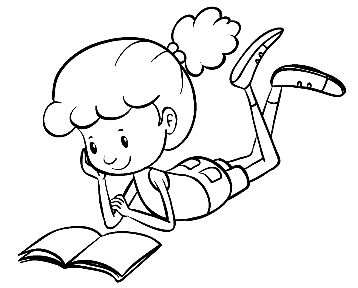 Menina deitada lendo um livro para colorir