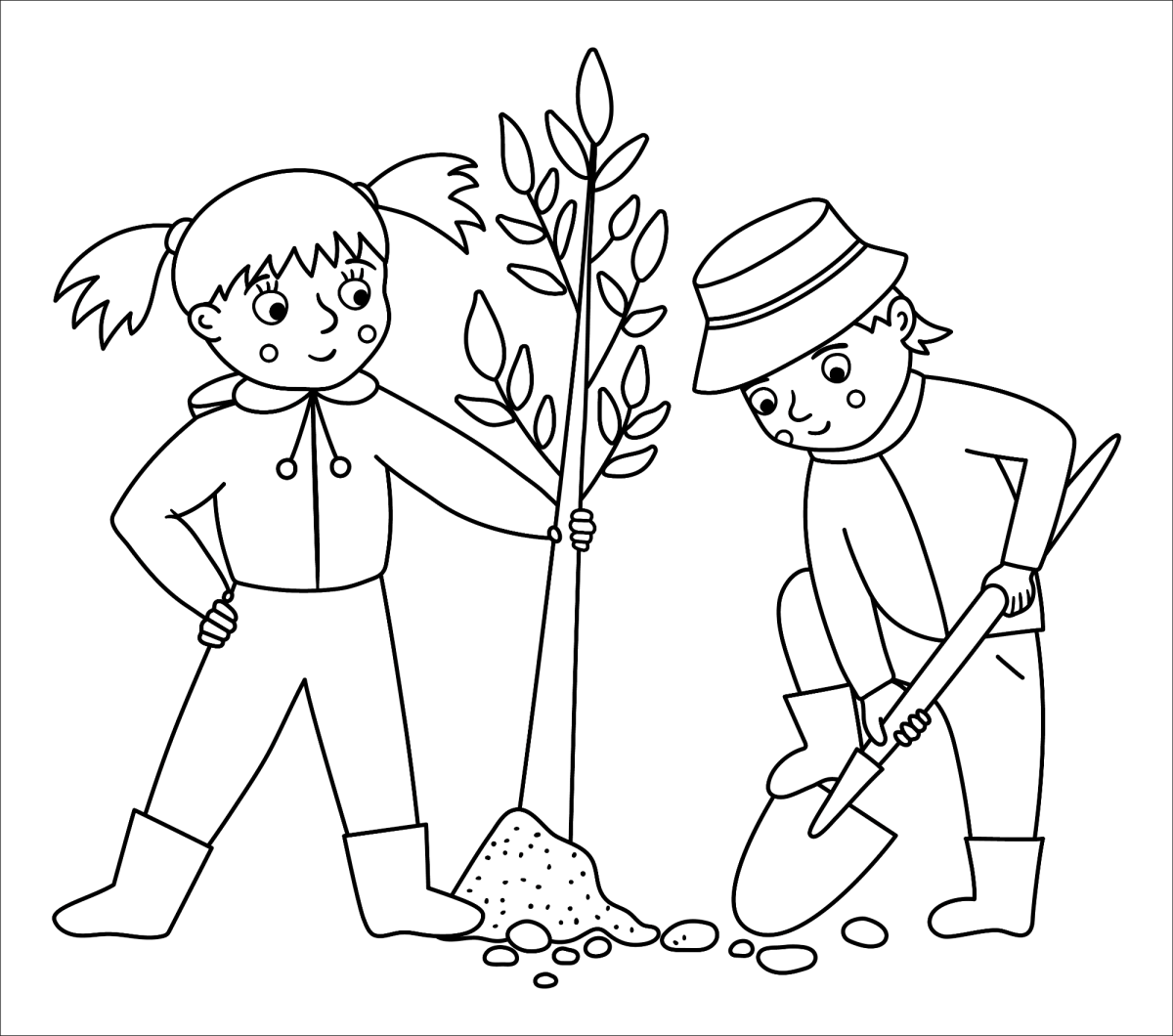 Menina e menino plantando uma muda de árvore para colorir