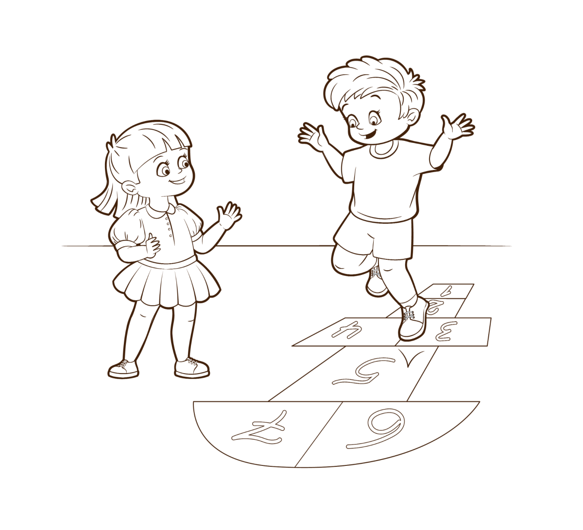 Menina e menino pulando amarelinha para colorir