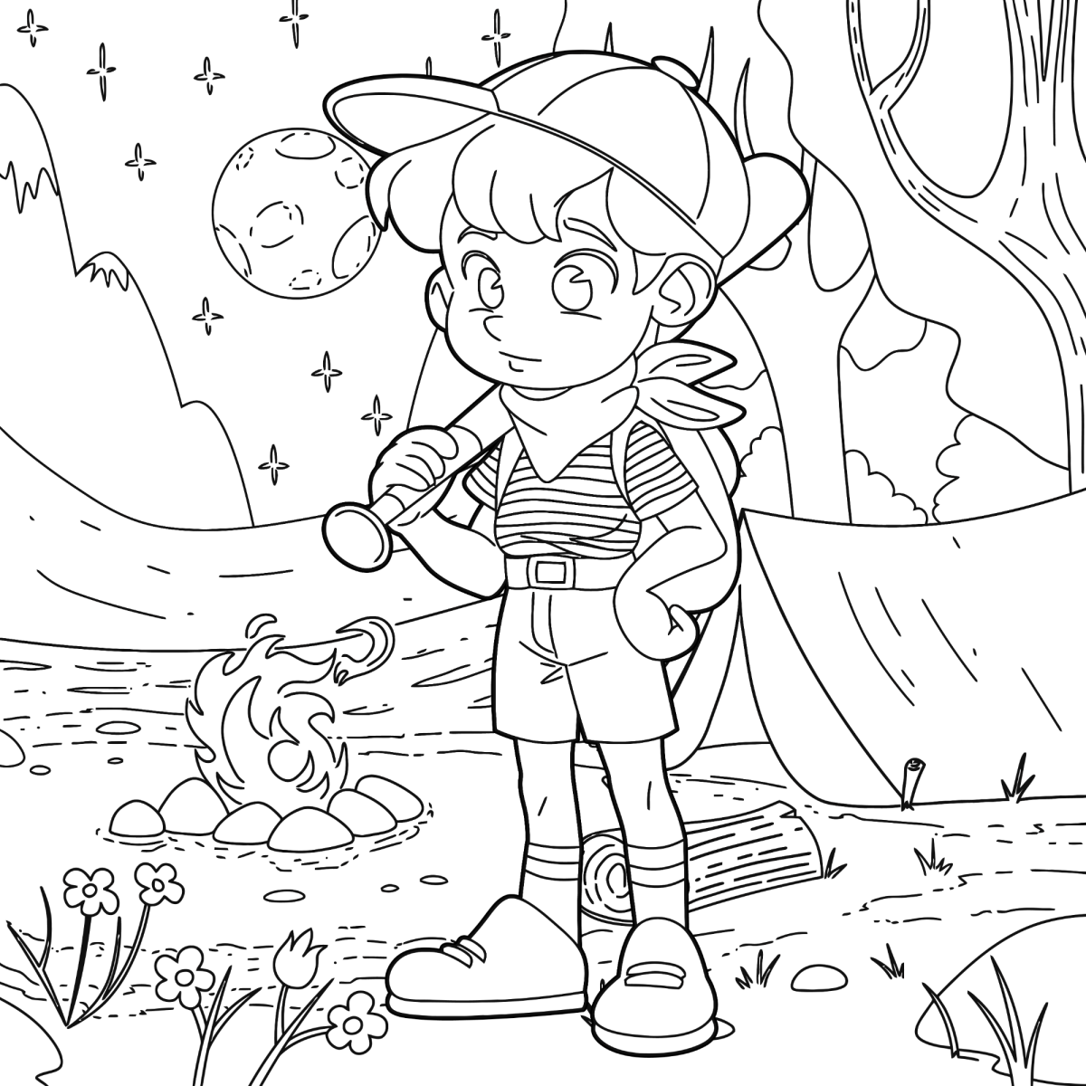 Menina exploradora de chapéu observando as plantas para colorir